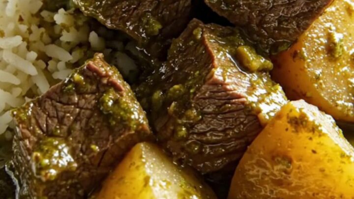 A ceramic slow cooker filled with tender beef chunks in a vibrant emerald-green cilantro sauce with potatoes.