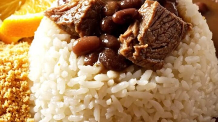 A steaming bowl of Brazilian Feijoada featuring tender beef, black beans, and orange slices, served over fluffy white rice.