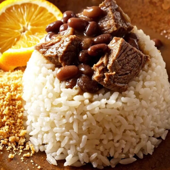 A steaming bowl of Brazilian Feijoada featuring tender beef, black beans, and orange slices, served over fluffy white rice.