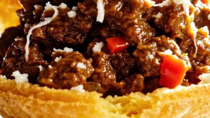 Close-up of shredded beef being pulled with two forks in a white ceramic slow cooker.