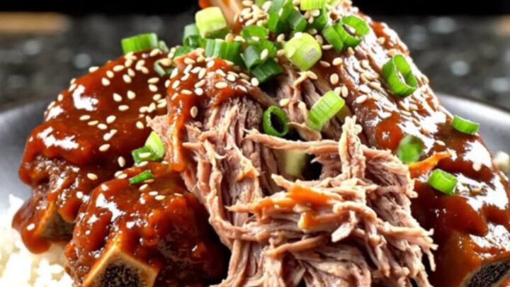 A close-up of tender beef short ribs in a glossy red Gochujang glaze served over jasmine rice.
