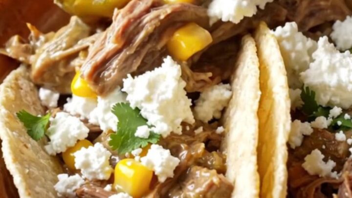A rustic ceramic slow cooker filled with shredded beef, roasted poblano peppers, and sweet corn in a creamy sauce.