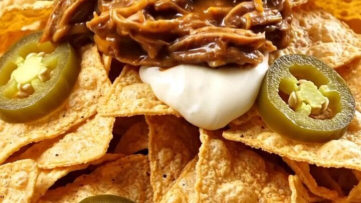 A close-up shot of shredded beef and chorizo in molten queso being lifted with two forks from a black Crockpot.