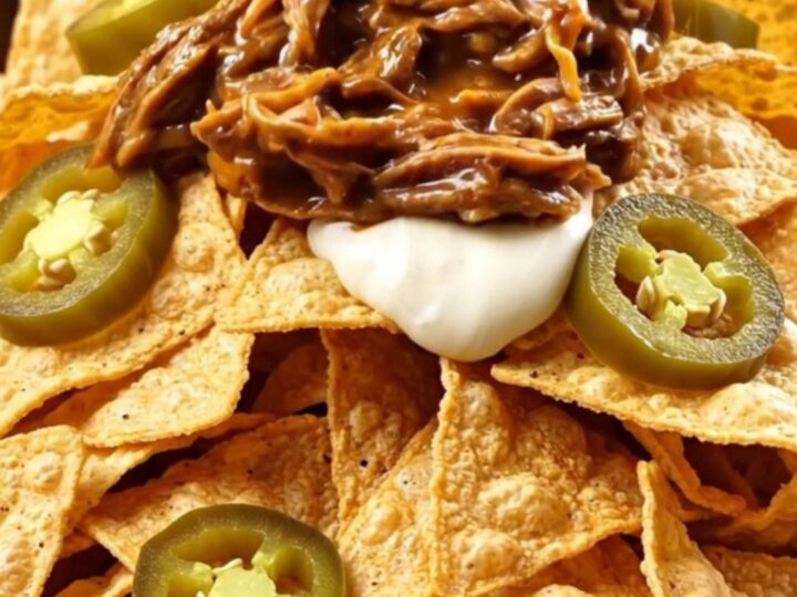 A close-up shot of shredded beef and chorizo in molten queso being lifted with two forks from a black Crockpot.