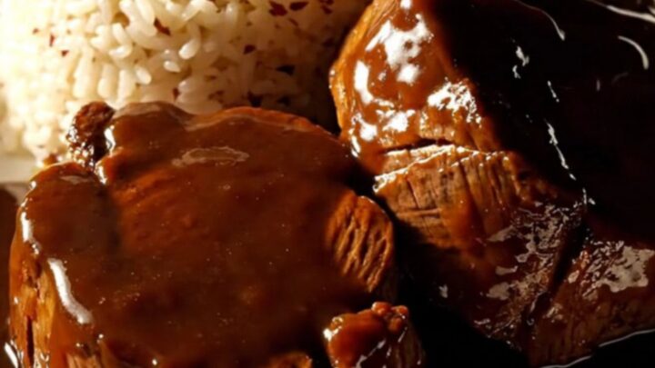 A close-up of a glossy, dark glazed beef roast sliced into medallions in a mahogany ceramic slow cooker.
