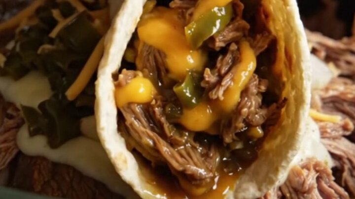 A close-up of a slow-cooked shredded beef burrito filled with melted Monterey Jack cheese and Hatch green chiles.