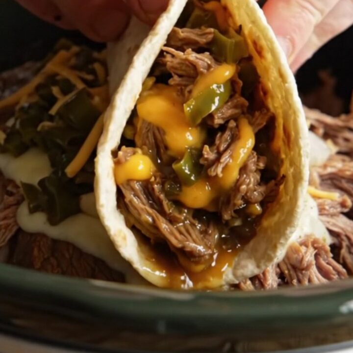 A close-up of a slow-cooked shredded beef burrito filled with melted Monterey Jack cheese and Hatch green chiles.