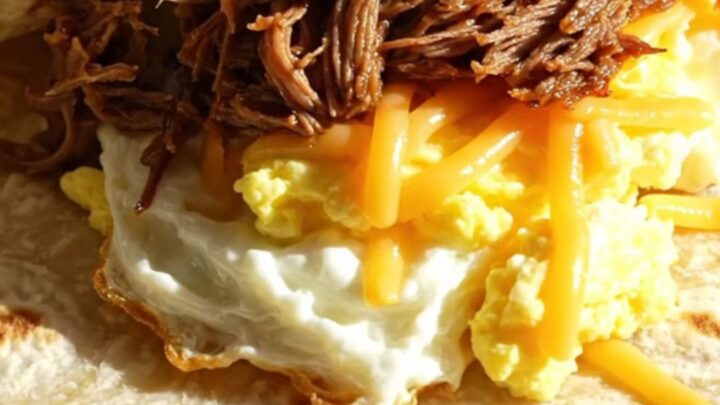 A close-up shot of a golden-brown breakfast burrito filled with shredded Machaca beef, fluffy eggs