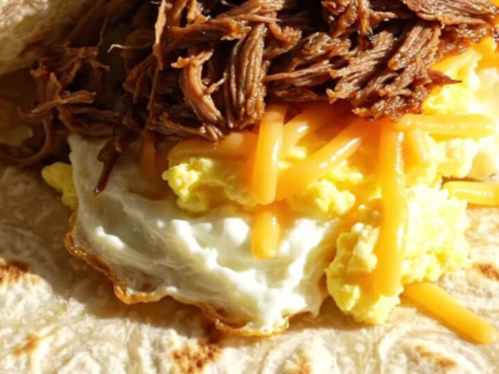 A close-up shot of a golden-brown breakfast burrito filled with shredded Machaca beef, fluffy eggs