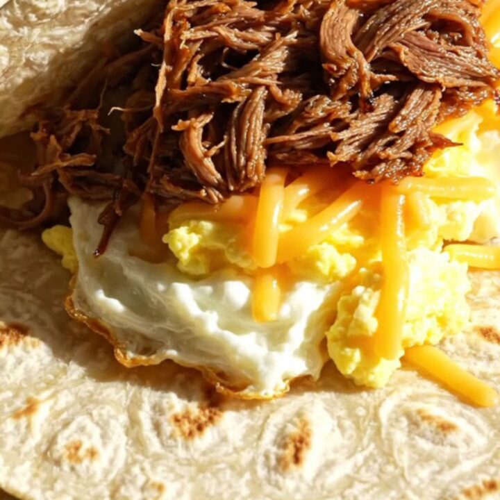 A close-up shot of a golden-brown breakfast burrito filled with shredded Machaca beef, fluffy eggs
