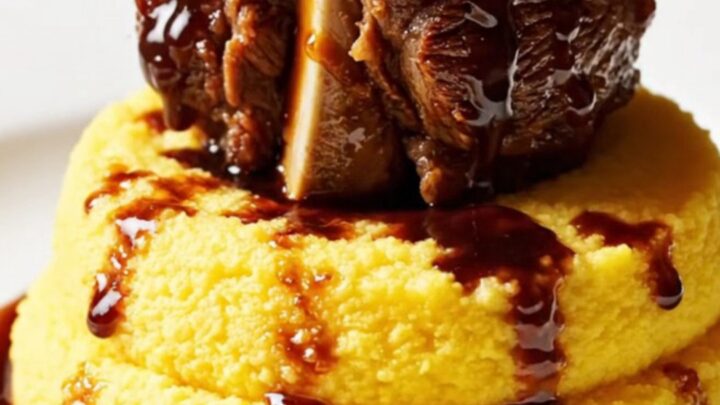 A close-up of a tender beef short rib served over creamy polenta with a rich red wine glaze.