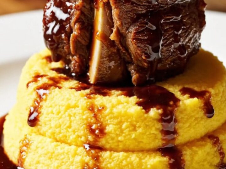 A close-up of a tender beef short rib served over creamy polenta with a rich red wine glaze.
