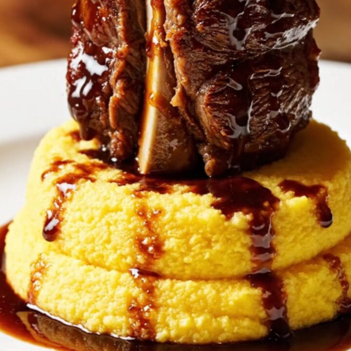 A close-up of a tender beef short rib served over creamy polenta with a rich red wine glaze.