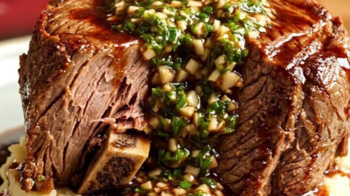 A close-up of tender, shredded Malbec-braised beef served over creamy mashed potatoes in a burgundy ceramic pot.