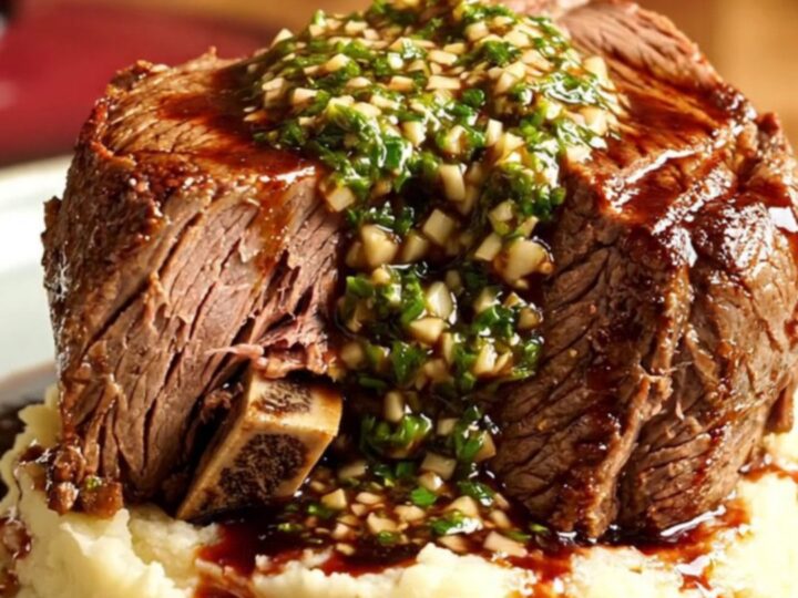 A close-up of tender, shredded Malbec-braised beef served over creamy mashed potatoes in a burgundy ceramic pot.