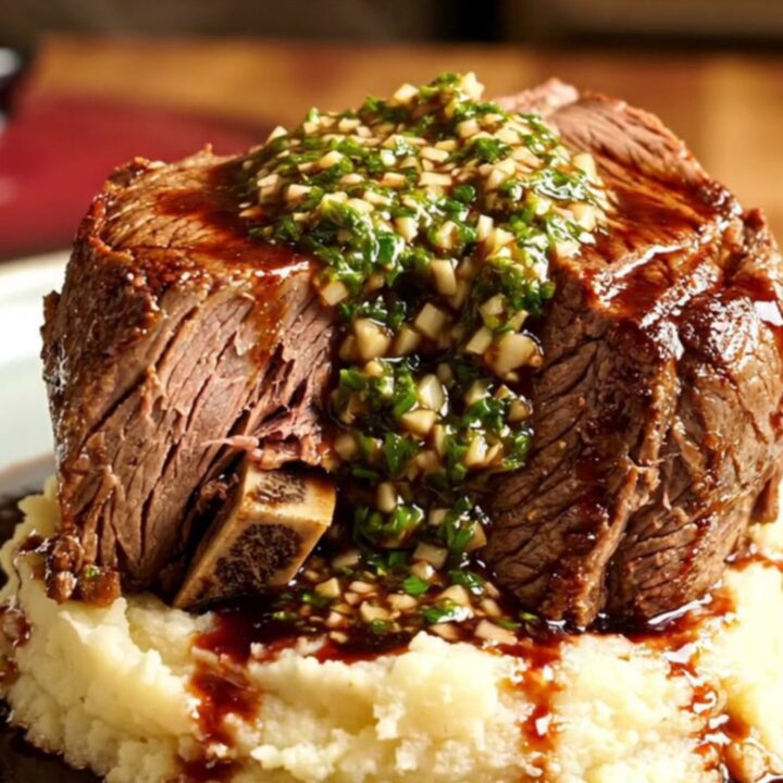 A close-up of tender, shredded Malbec-braised beef served over creamy mashed potatoes in a burgundy ceramic pot.