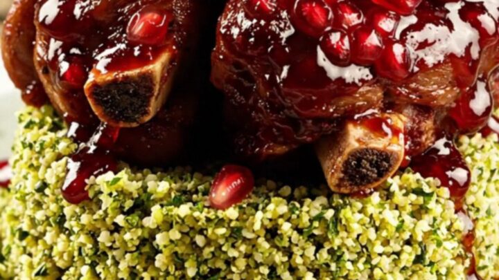 A close-up view of bone-in short ribs glazed in a dark ruby pomegranate sauce, served over herb-flecked couscous.