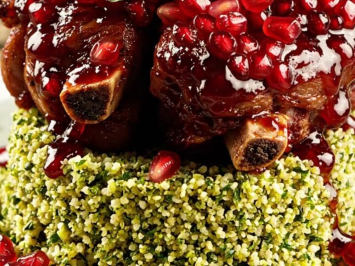 A close-up view of bone-in short ribs glazed in a dark ruby pomegranate sauce, served over herb-flecked couscous.
