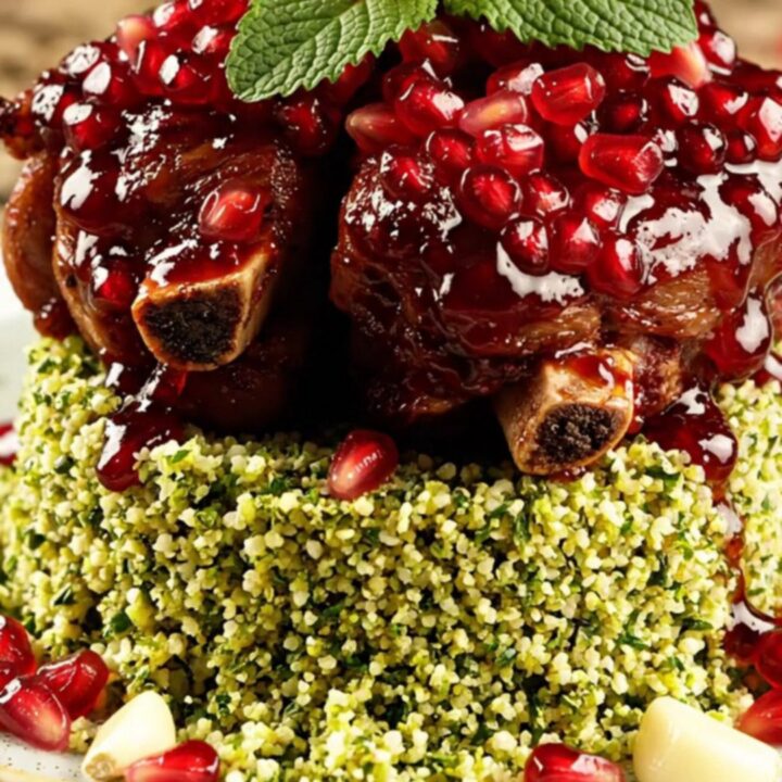 A close-up view of bone-in short ribs glazed in a dark ruby pomegranate sauce, served over herb-flecked couscous.