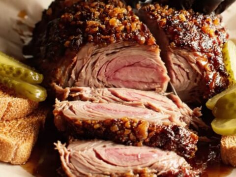 A close-up of thick, juicy slices of espresso-rubbed brisket on butcher paper with a dark, flavorful bark.