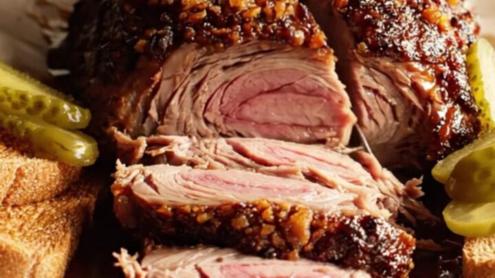 A close-up of thick, juicy slices of espresso-rubbed brisket on butcher paper with a dark, flavorful bark.