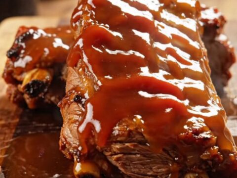 A close-up view of sticky, caramelized honey bourbon beef ribs served on a rustic wooden board.