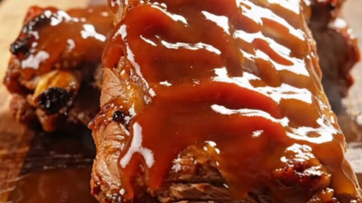 A close-up view of sticky, caramelized honey bourbon beef ribs served on a rustic wooden board.
