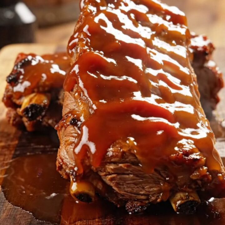 A close-up view of sticky, caramelized honey bourbon beef ribs served on a rustic wooden board.