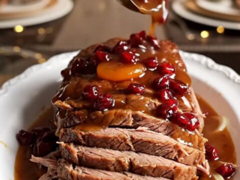 A festive beef brisket fanned out on a white platter, covered in a glossy, mahogany-colored apricot and cranberry gravy.