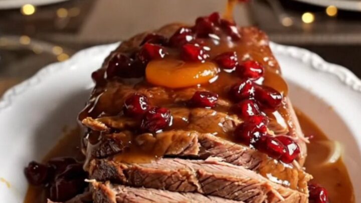 A festive beef brisket fanned out on a white platter, covered in a glossy, mahogany-colored apricot and cranberry gravy.