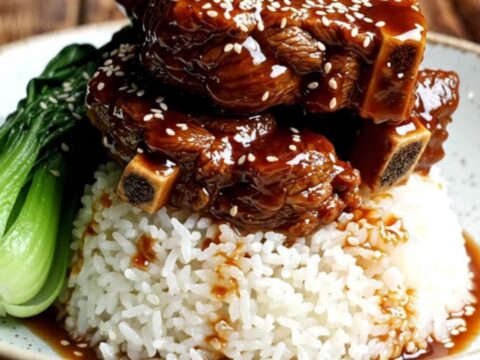 A close-up of tender, glossy beef short ribs glazed in a dark, mahogany hoisin sauce with star anise.