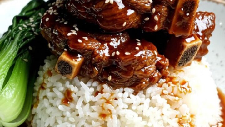 A close-up of tender, glossy beef short ribs glazed in a dark, mahogany hoisin sauce with star anise.