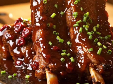 Close-up of sticky cherry cola ancho beef ribs glistening under warm lighting with a garnish of fresh chopped chives.