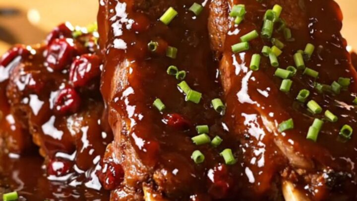 Close-up of sticky cherry cola ancho beef ribs glistening under warm lighting with a garnish of fresh chopped chives.