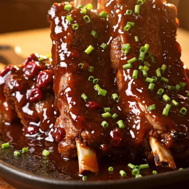 Close-up of sticky cherry cola ancho beef ribs glistening under warm lighting with a garnish of fresh chopped chives.