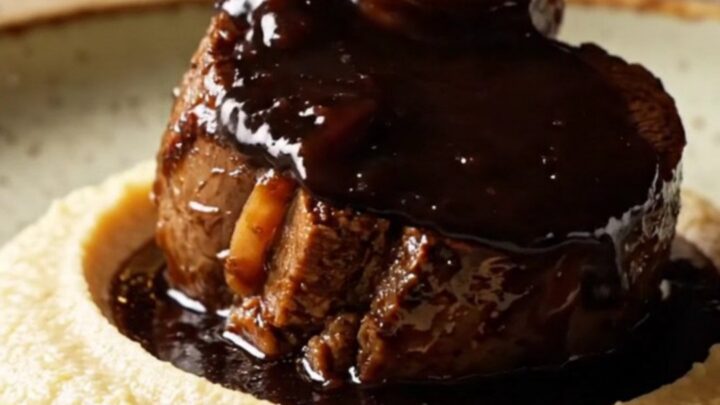 A close-up of tender, glossy Guinness braised beef cheeks served on a plate with parsnip puree.