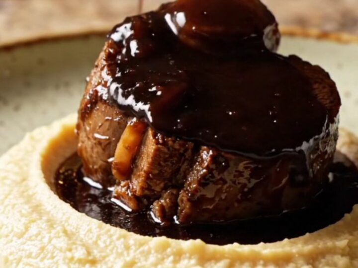 A close-up of tender, glossy Guinness braised beef cheeks served on a plate with parsnip puree.