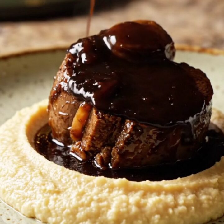 A close-up of tender, glossy Guinness braised beef cheeks served on a plate with parsnip puree.