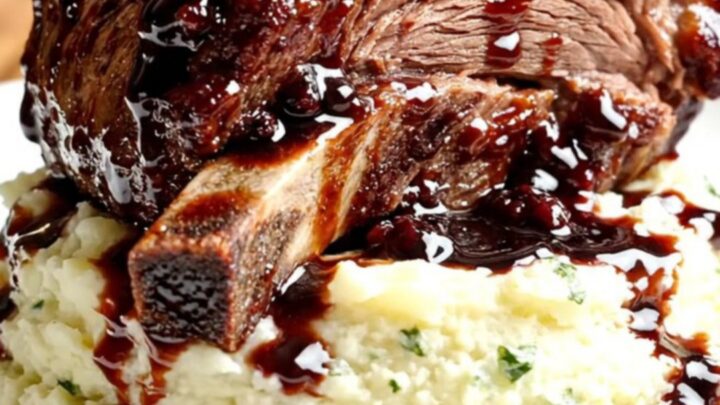 A cinematic close-up of a bone-in beef short rib coated in a glossy, dark blackberry Merlot reduction.