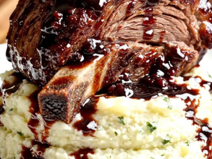 A cinematic close-up of a bone-in beef short rib coated in a glossy, dark blackberry Merlot reduction.