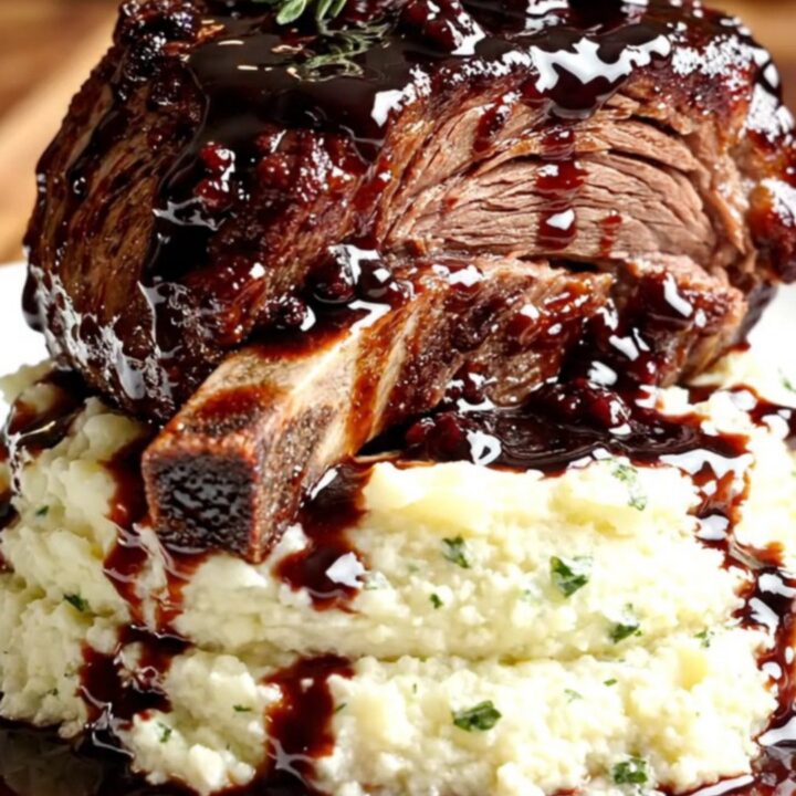 A cinematic close-up of a bone-in beef short rib coated in a glossy, dark blackberry Merlot reduction.