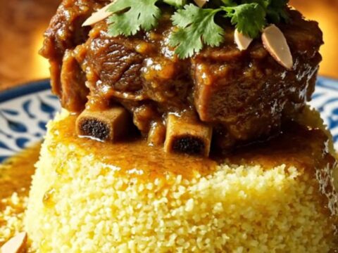 A ceramic slow cooker filled with Moroccan-spiced beef short ribs, Medjool dates, and a rich, amber-colored sauce.