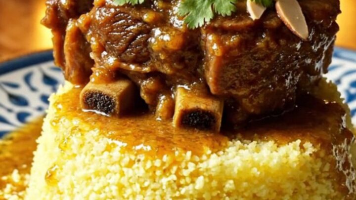 A ceramic slow cooker filled with Moroccan-spiced beef short ribs, Medjool dates, and a rich, amber-colored sauce.