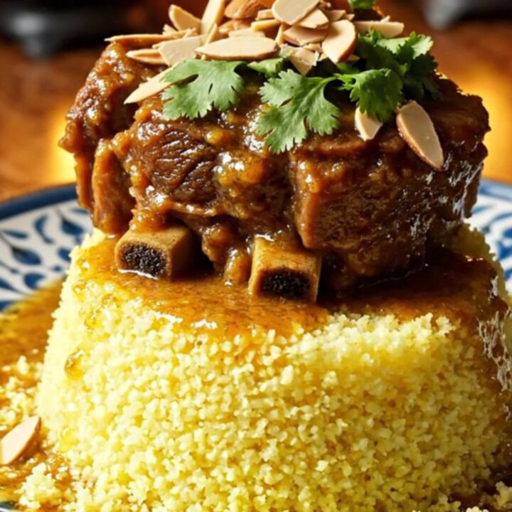 A ceramic slow cooker filled with Moroccan-spiced beef short ribs, Medjool dates, and a rich, amber-colored sauce.