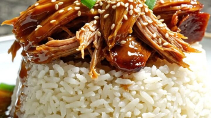 A close-up shot of shredded Hawaiian pineapple teriyaki brisket topped with green onions and sesame seeds.