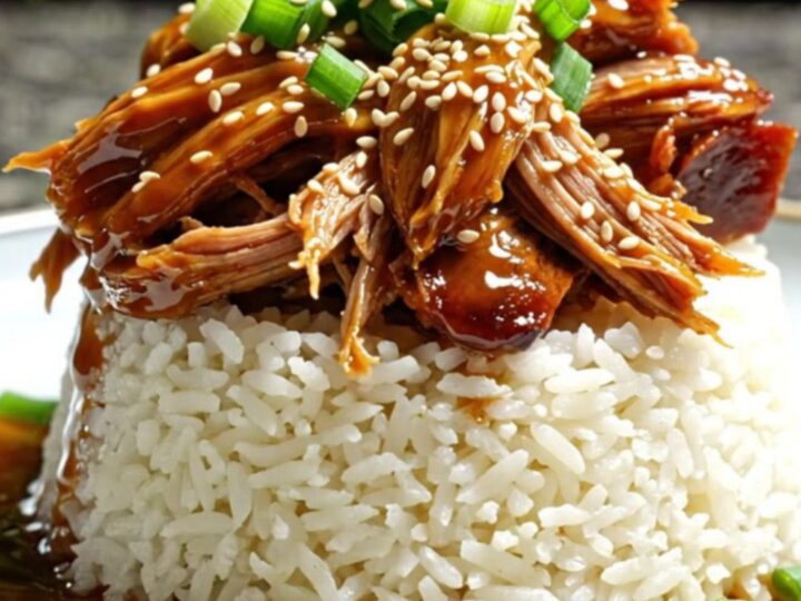 A close-up shot of shredded Hawaiian pineapple teriyaki brisket topped with green onions and sesame seeds.