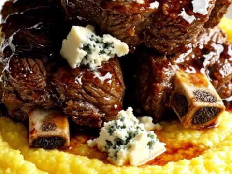 A close-up of balsamic fig short ribs served over creamy polenta with Gorgonzola crumbles.