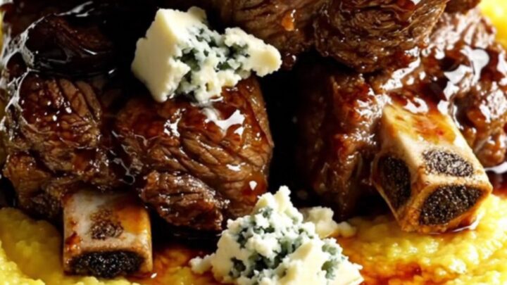 A close-up of balsamic fig short ribs served over creamy polenta with Gorgonzola crumbles.