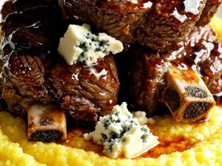 A close-up of balsamic fig short ribs served over creamy polenta with Gorgonzola crumbles.