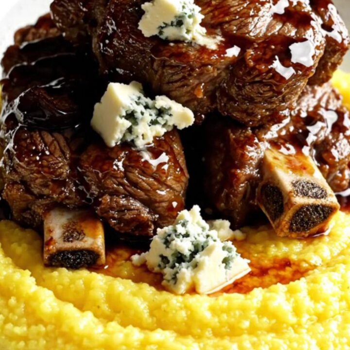 A close-up of balsamic fig short ribs served over creamy polenta with Gorgonzola crumbles.